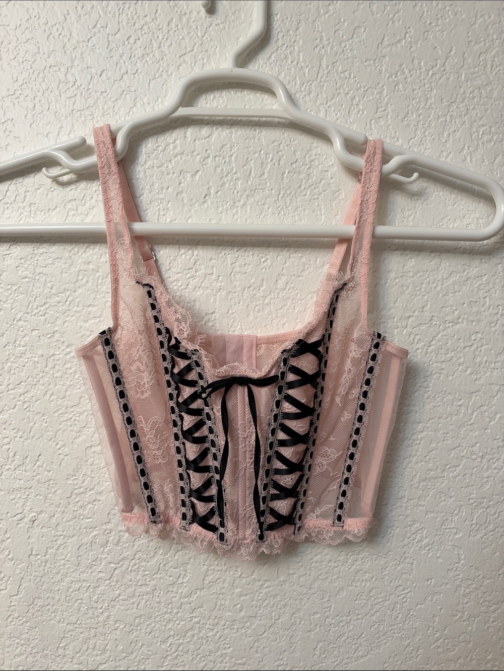 Victoria's Secret Pink Lace Corset Crop Top with Black Ribbon
